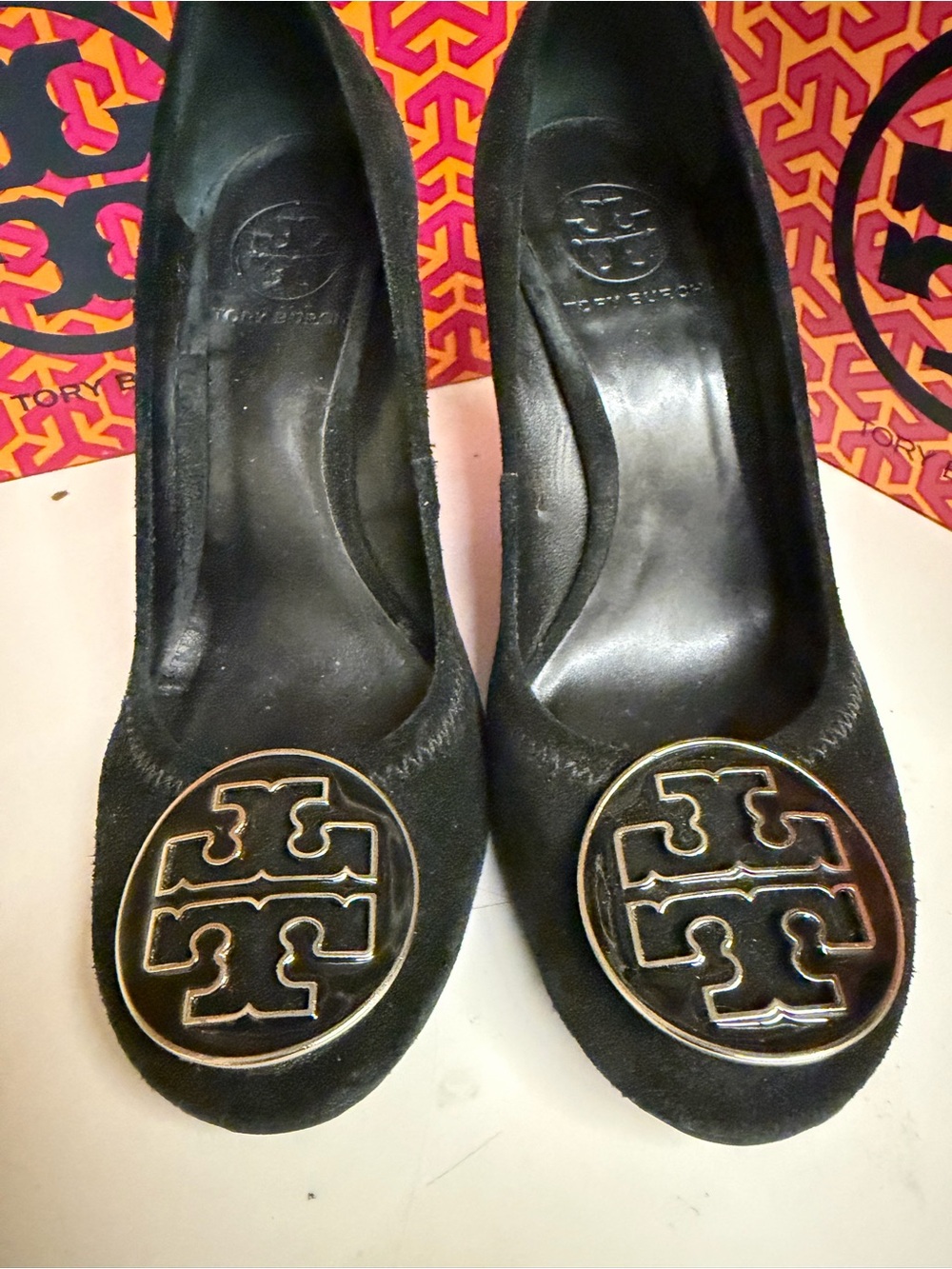 Tory Burch Black Suede Wedge Pumps with Gold Logo Medallion